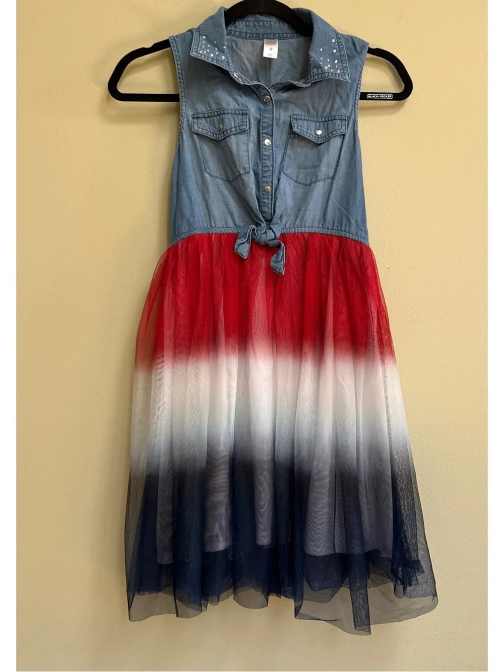 Girls' Sleeveless Denim Top Red White Blue Ombre Tulle Dress 4th of July